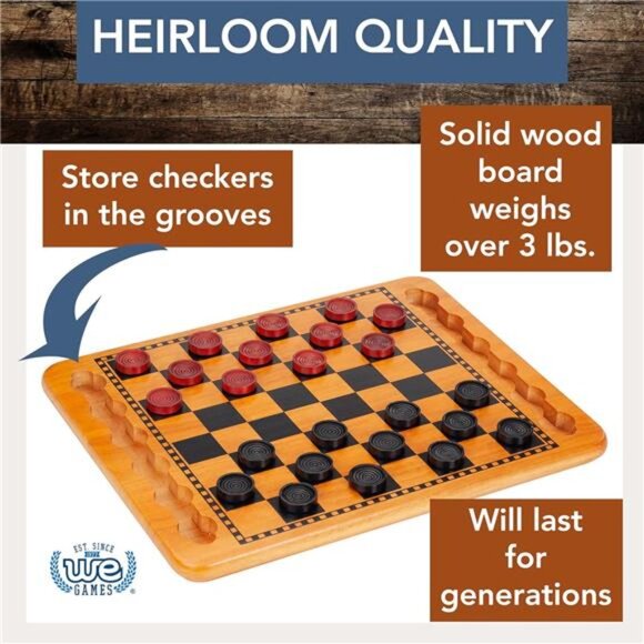 WE Games Solid Wood Red and Black Checkers Board Game Set - Picture 3 of 7